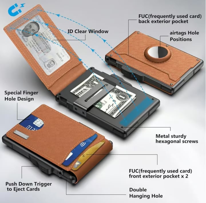 Stornfield | Pop Up aluminum bag Money Clip Slim Leather Slots Credit Card Holder RFID Blocking Bifold Minimalist Wallet