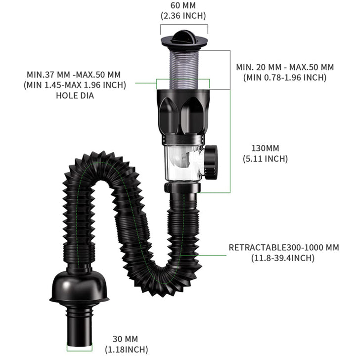 Telescope drain pipe with odor trap | Stornfield