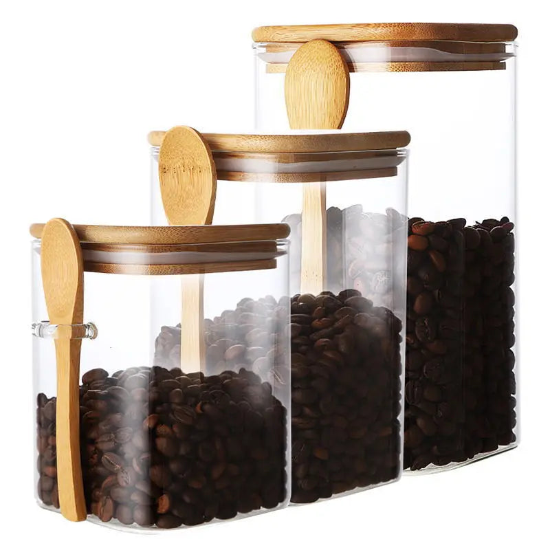 Square glass storage jar with wooden spoon and lid | Stornfield
