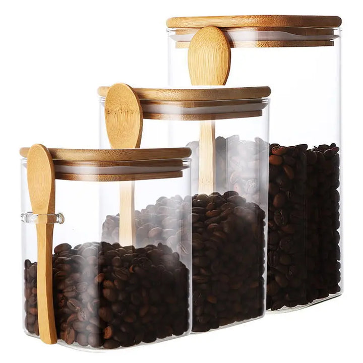 Square glass storage jar with wooden spoon and lid | Stornfield
