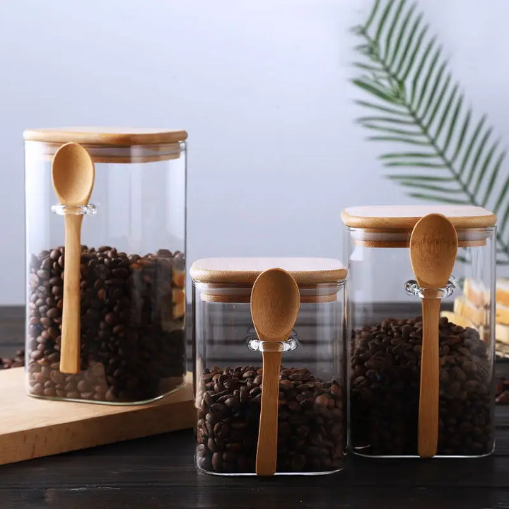 Square Glass Storage Jar with Wooden Spoon and Lid Glass Container | Stornfield