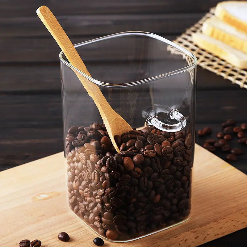 Square Glass Storage Jar with Wooden Spoon and Lid Glass Container | Stornfield