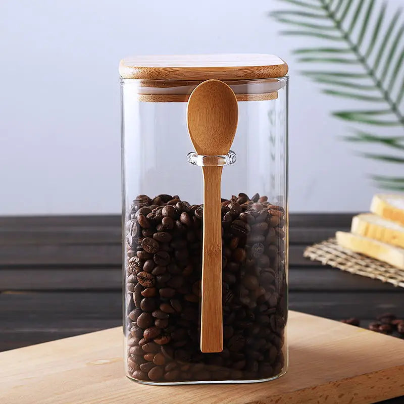 Square Glass Storage Jar with Wooden Spoon and Lid Glass Container | Stornfield