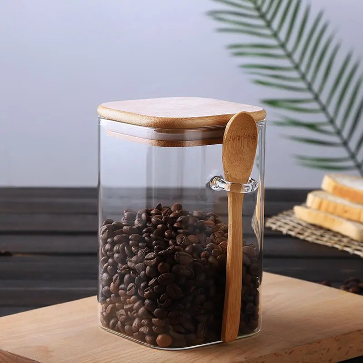 Square Glass Storage Jar with Wooden Spoon and Lid Glass Container | Stornfield