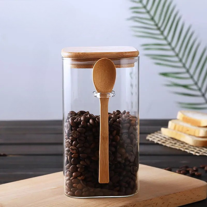 Square Glass Storage Jar with Wooden Spoon and Lid Glass Container | Stornfield