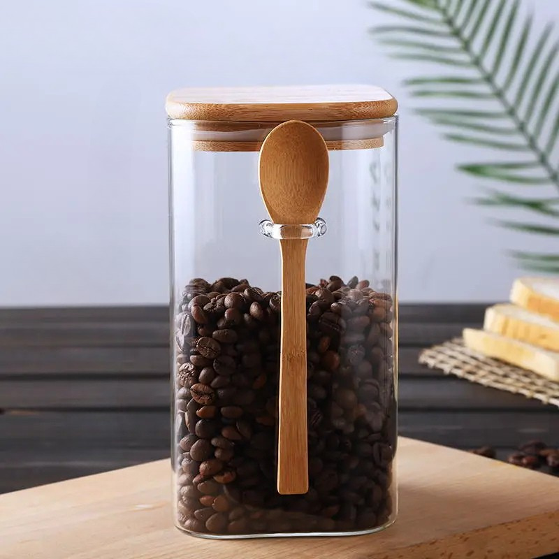 Square Glass Storage Jar with Wooden Spoon and Lid Glass Container | Stornfield