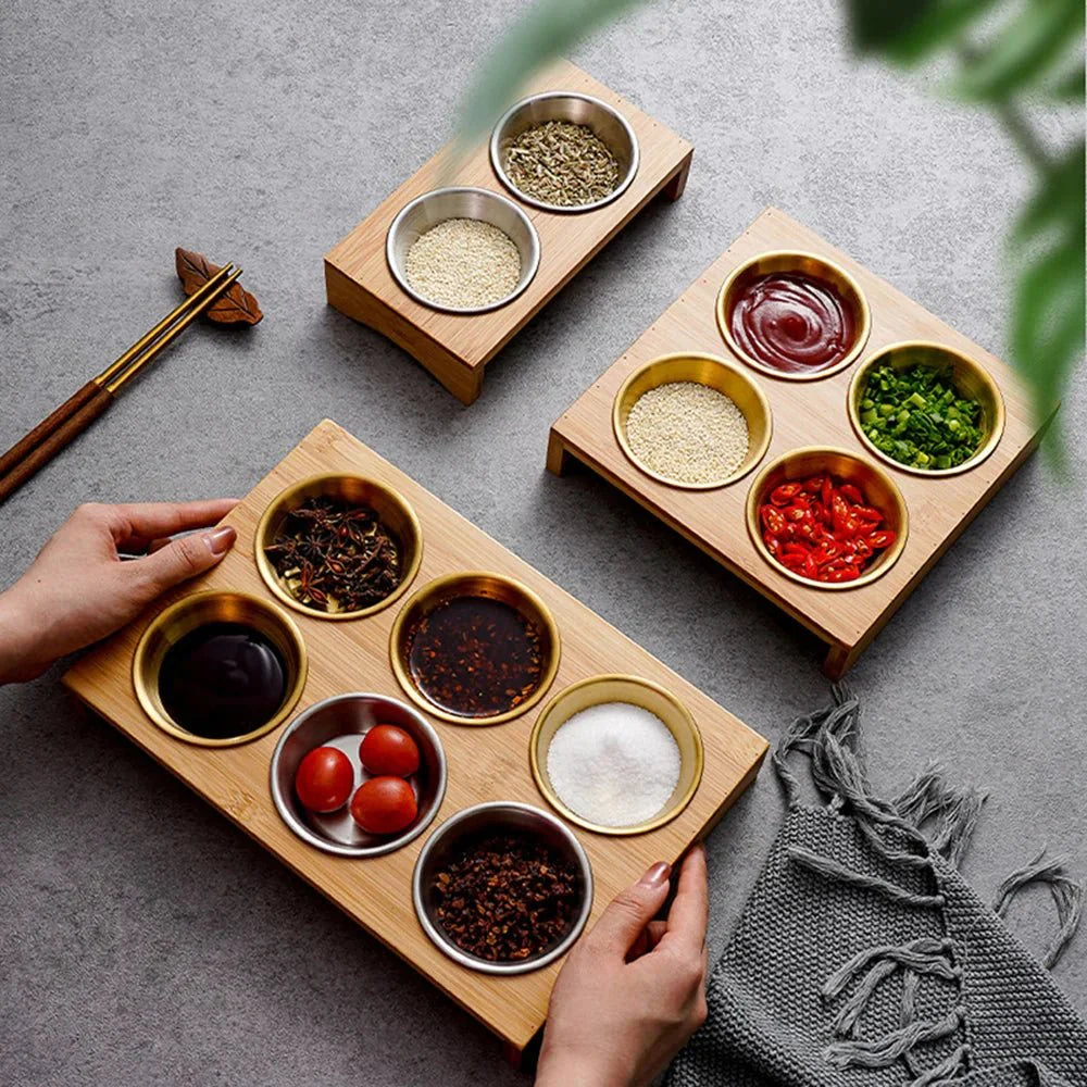Stainless Steel Dip Bowls On Bamboo Serving Tray Set | Stornfield