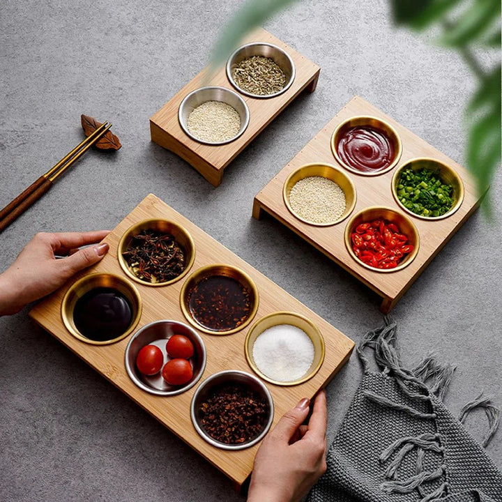 Stainless Steel Dip Bowls On Bamboo Serving Tray Set | Stornfield