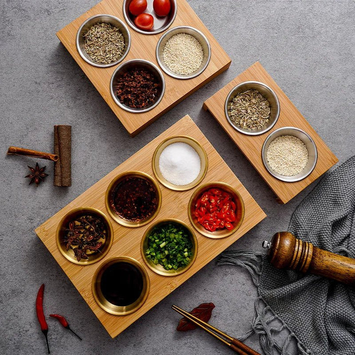 Stainless Steel Dip Bowls On Bamboo Serving Tray Set | Stornfield