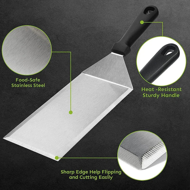 Stainless Steel Long Grill Spatula with Cutting Edges Scraper Tool | Stornfield