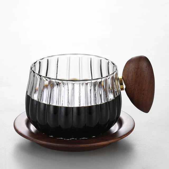 Striped Heat Resistant Silicon Glass Coffee Mug with Wooden Handle | Stornfield