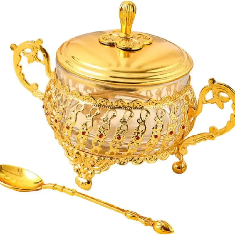 Sugar Bowl with Lid and Spoon in Gold Glass for Spices and Candies | Stornfield
