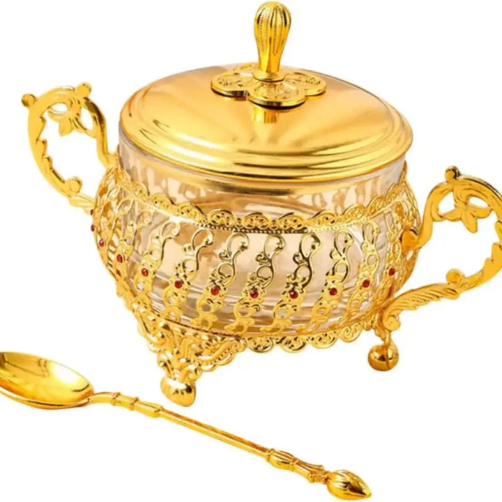 Sugar Bowl with Lid and Spoon in Gold Glass for Spices and Candies | Stornfield