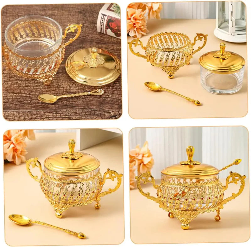 Sugar Bowl with Lid and Spoon in Gold Glass for Spices and Candies | Stornfield