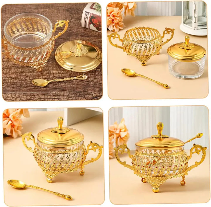 Sugar Bowl with Lid and Spoon in Gold Glass for Spices and Candies | Stornfield
