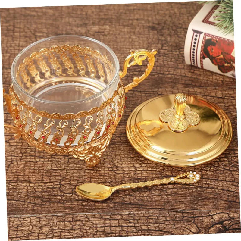 Sugar Bowl with Lid and Spoon in Gold Glass for Spices and Candies | Stornfield