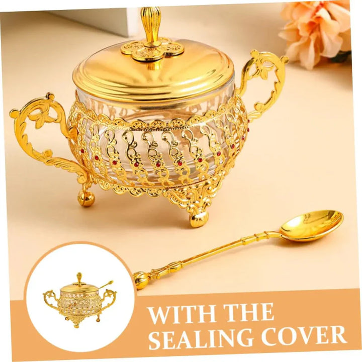 Sugar Bowl with Lid and Spoon in Gold Glass for Spices and Candies | Stornfield