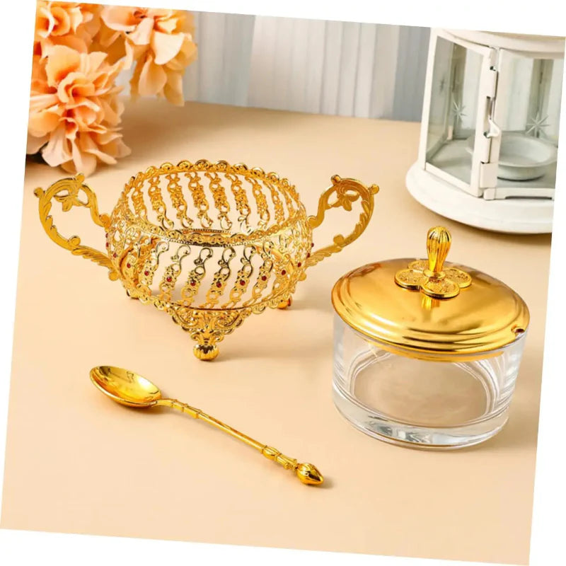 Sugar Bowl with Lid and Spoon in Gold Glass for Spices and Candies | Stornfield