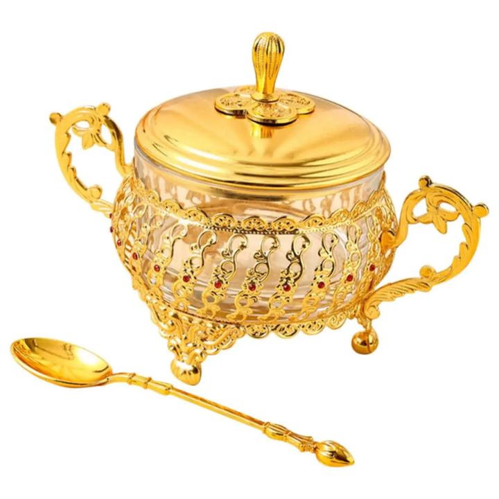 Sugar Bowl with Lid and Spoon in Gold Glass for Spices and Candies | Stornfield