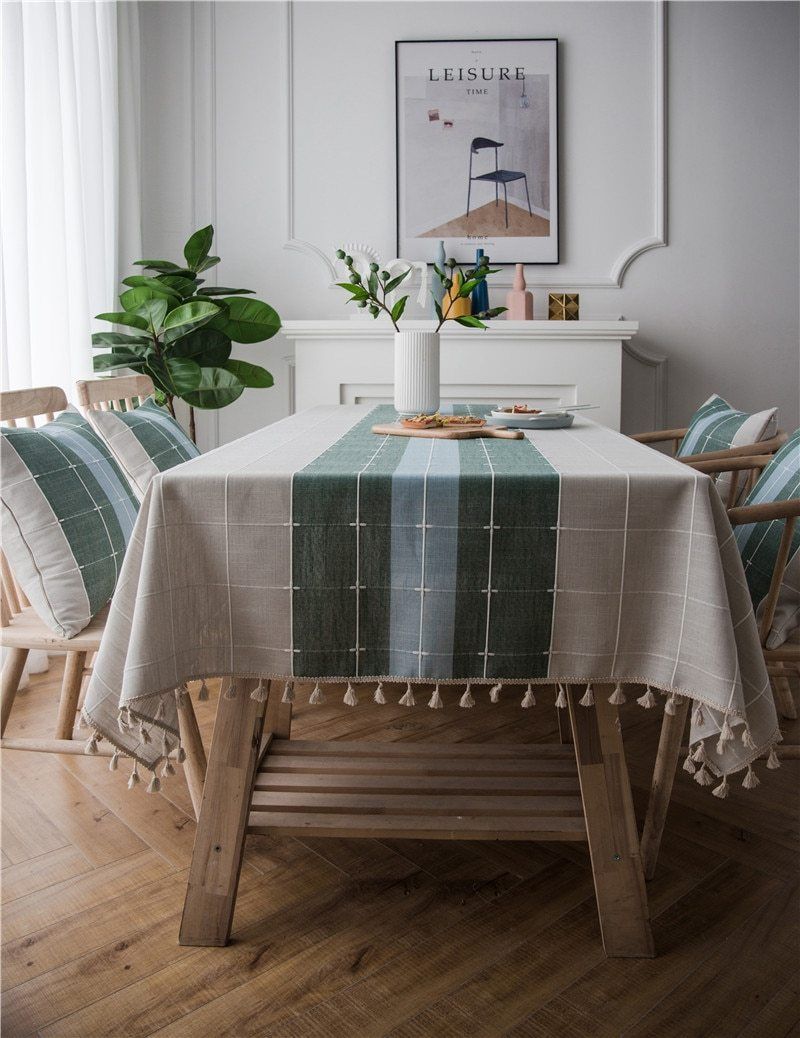Three-tone Plaid Decorative Linen Tablecloth With Tassel | Stornfield