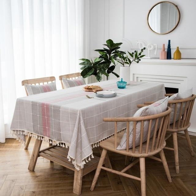 Three-tone Plaid Decorative Linen Tablecloth With Tassel | Stornfield