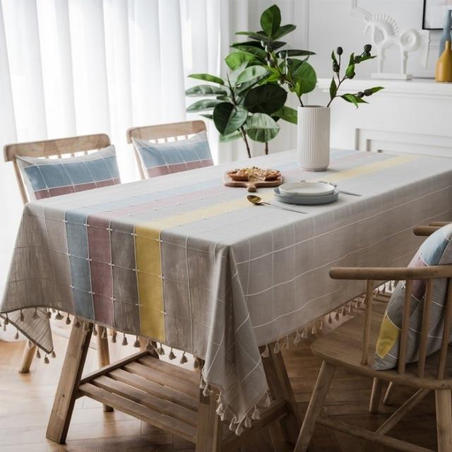 Three-tone Plaid Decorative Linen Tablecloth With Tassel | Stornfield