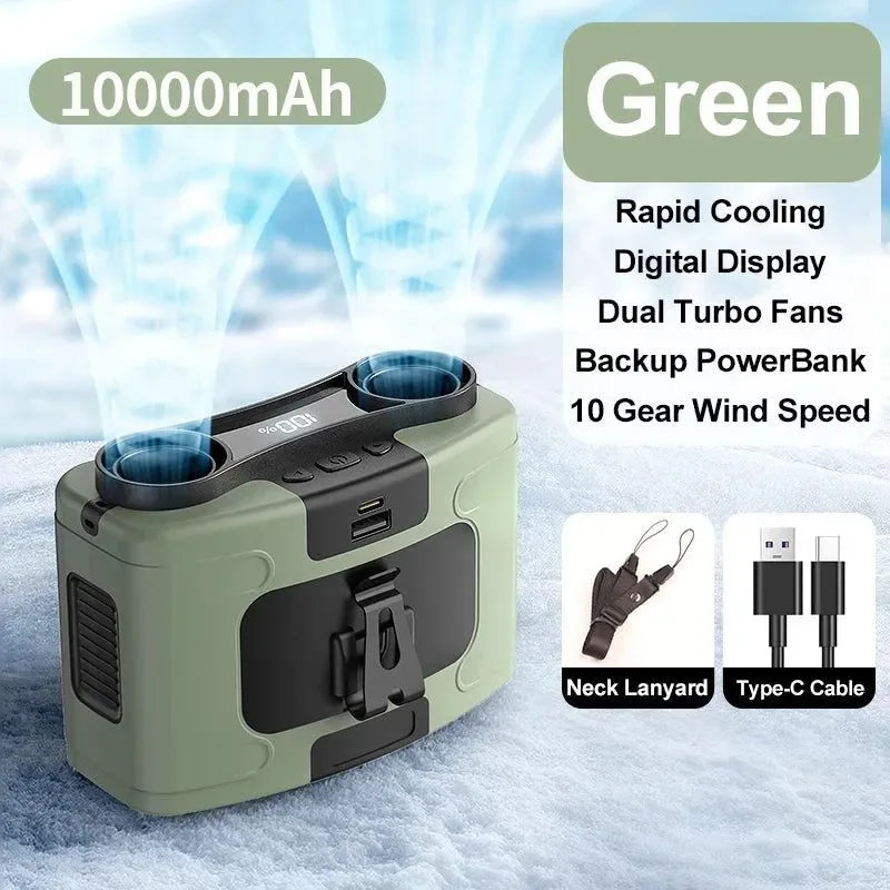 10000mAh Portable Outdoor Waist Fan – Hanging Neck & Strong Wind with Power Bank & LED Lighting | Stornfield