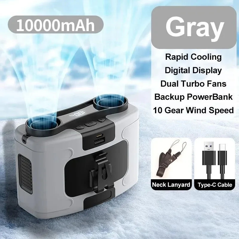 10000mAh Portable Outdoor Waist Fan – Hanging Neck & Strong Wind with Power Bank & LED Lighting | Stornfield