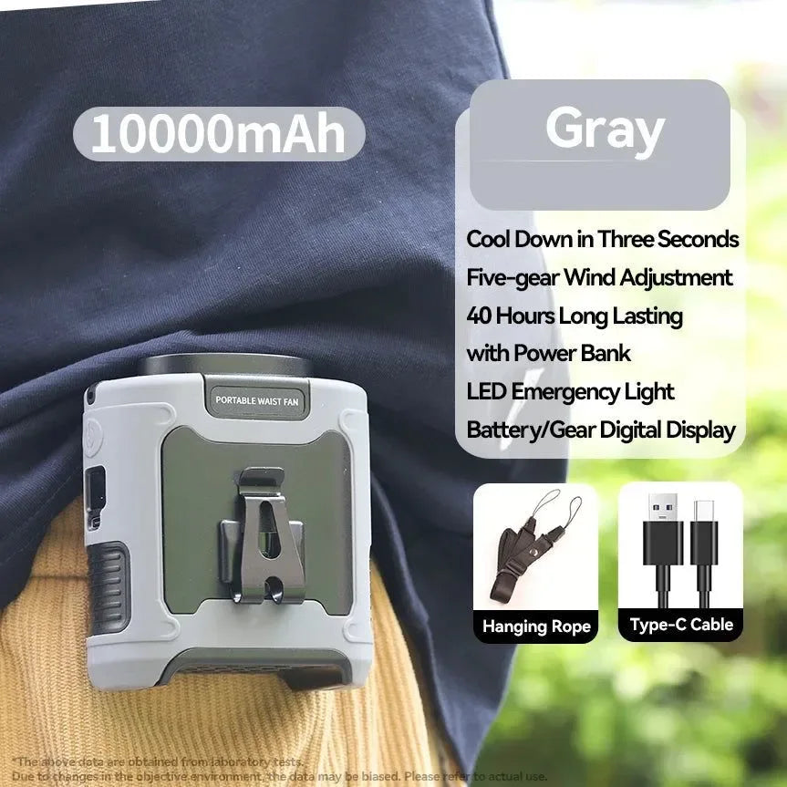 10000mAh Portable Outdoor Waist Fan – Hanging Neck & Strong Wind with Power Bank & LED Lighting | Stornfield