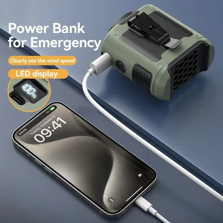 10000mAh Portable Outdoor Waist Fan – Hanging Neck & Strong Wind with Power Bank & LED Lighting | Stornfield