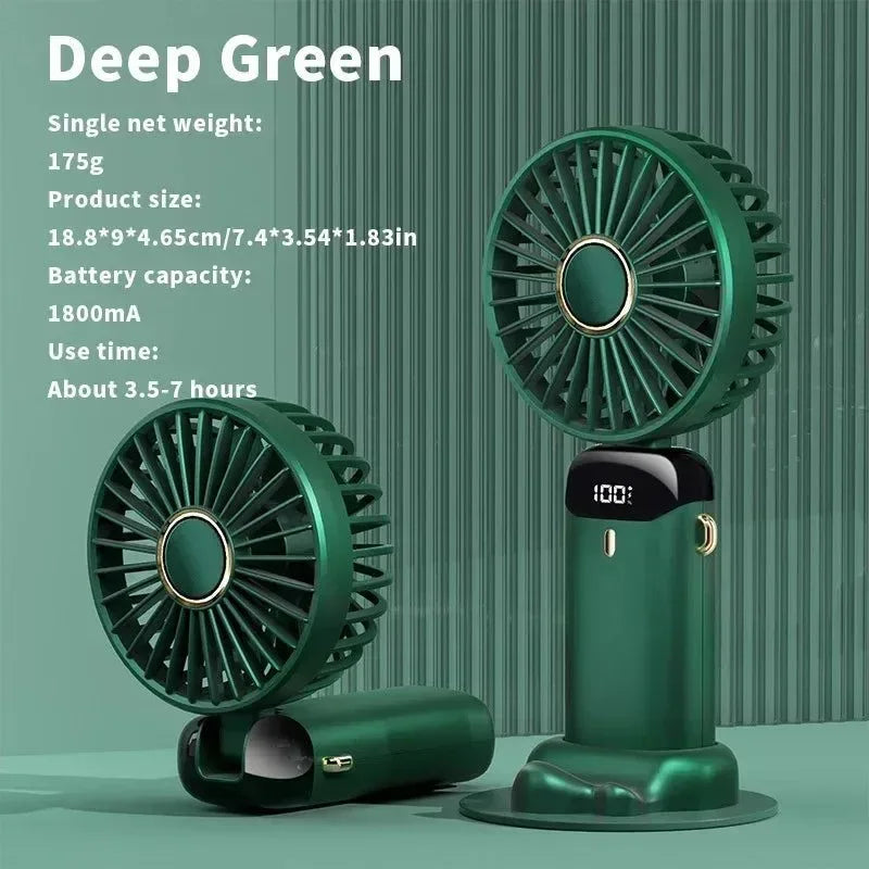 Handheld Mini Fan – 3000mAh Foldable USB Rechargeable Fan with LED Display & Phone Stand | Stornfield