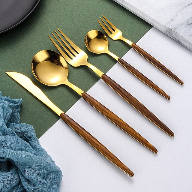 Elegant wooden dumbbell gold cutlery set for sophisticated dining | Stornfield