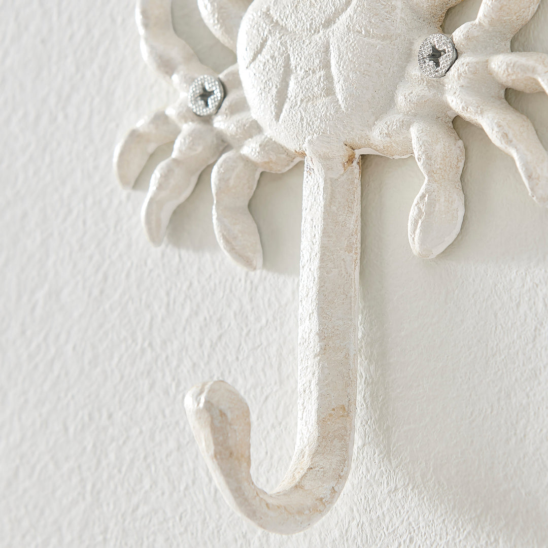 Stornfield | Nautical White Cast Iron Decorative Sculpture Ocean Figure Utility Wall Hook Set of 3 - Seashell, Crab, Seahorse