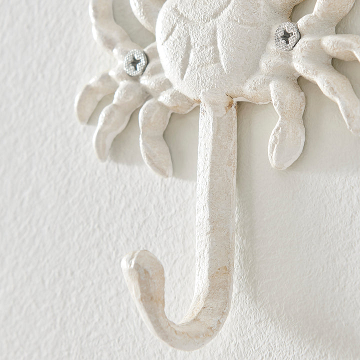 Stornfield | Nautical White Cast Iron Decorative Sculpture Ocean Figure Utility Wall Hook Set of 3 - Seashell, Crab, Seahorse